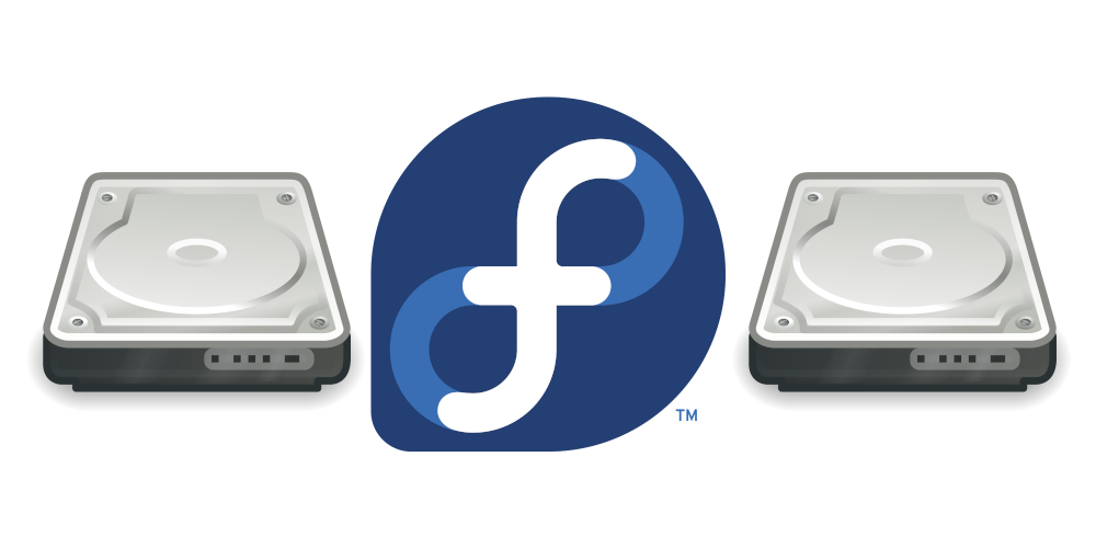 The Fedora logo one hard drive on either side
