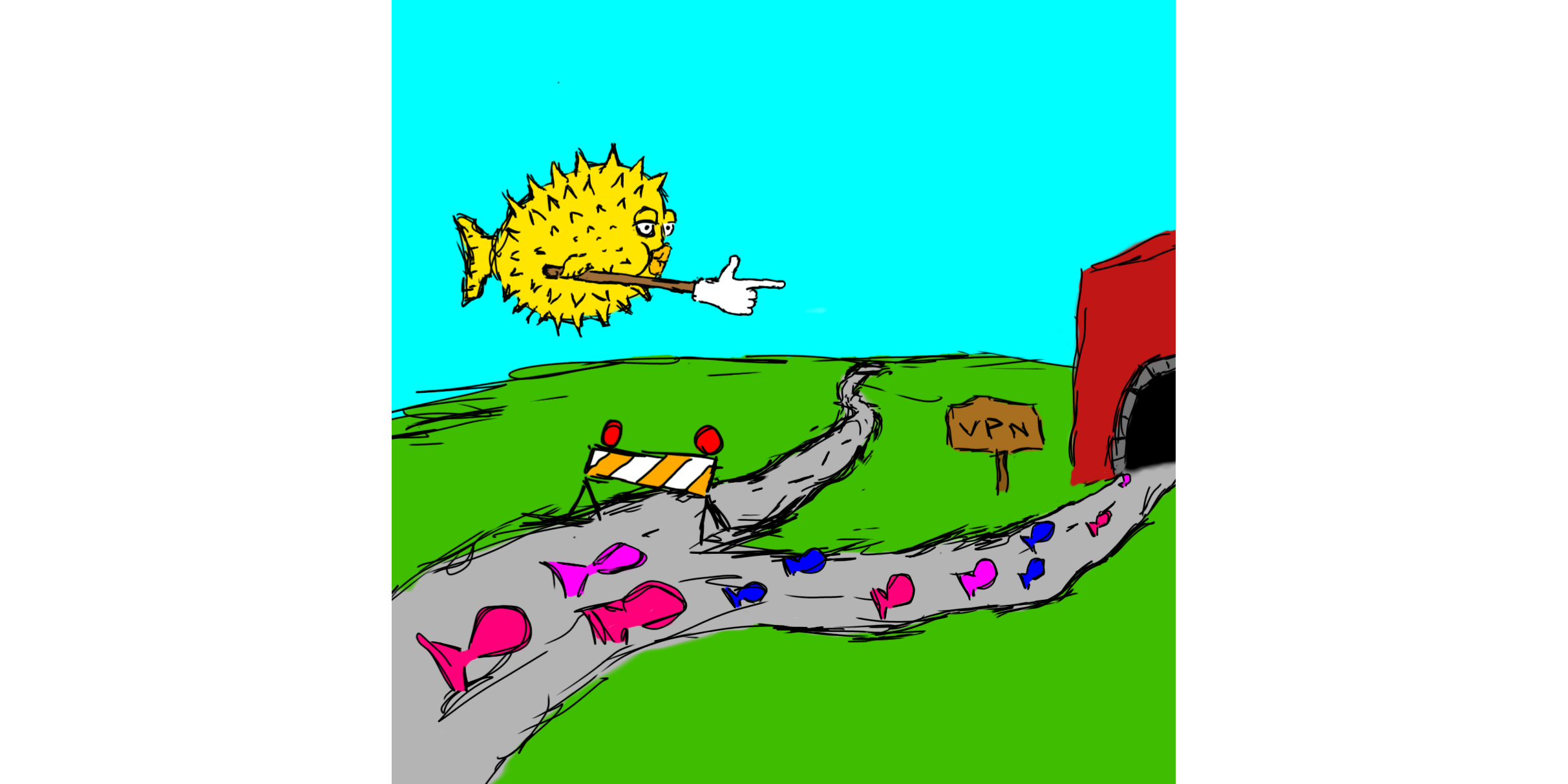 A drawing of a pufferfish directing smaller fish on a road